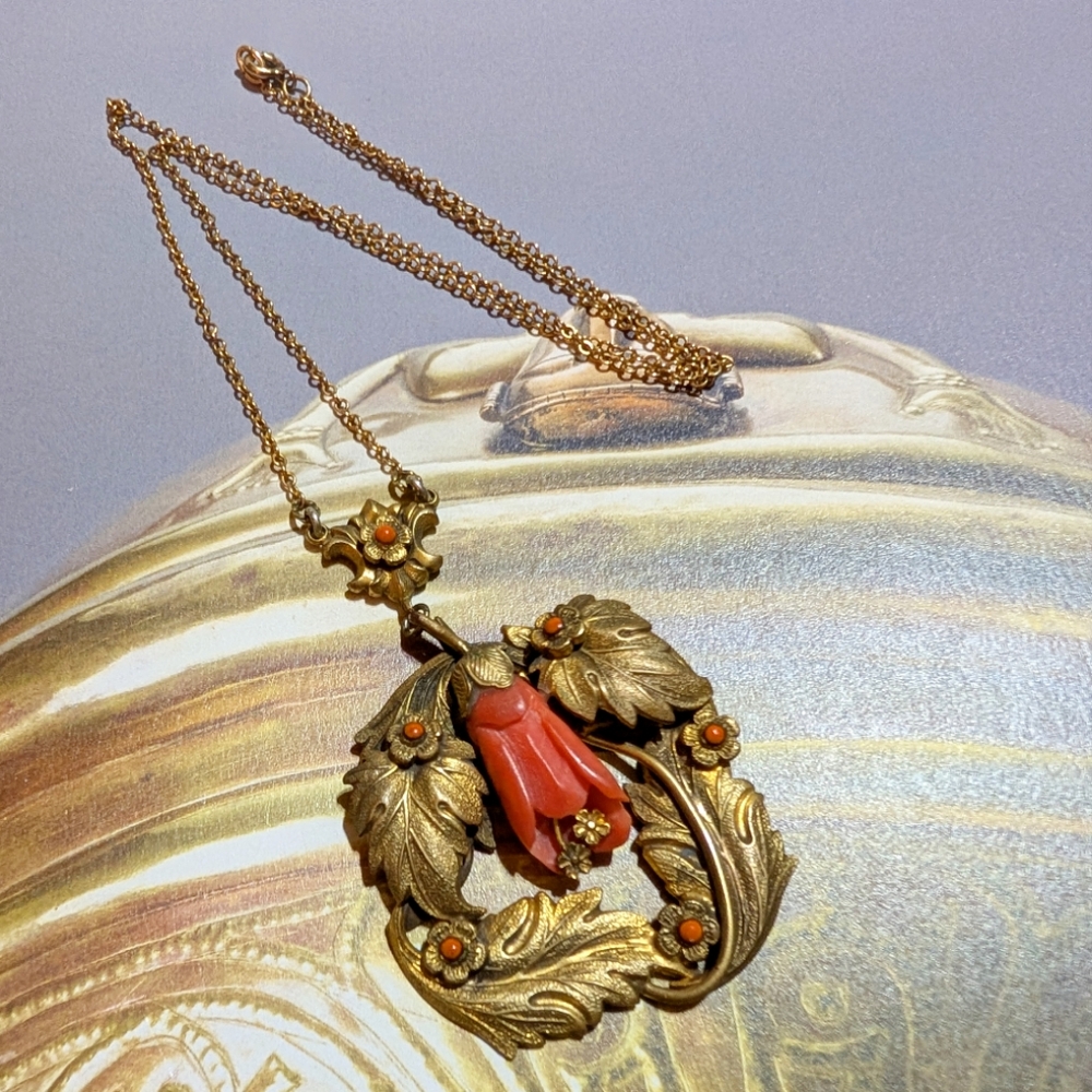 Art Nouveau Era Carved Coral Lavaliere Necklace ~ Antique - Picture 2 of 7